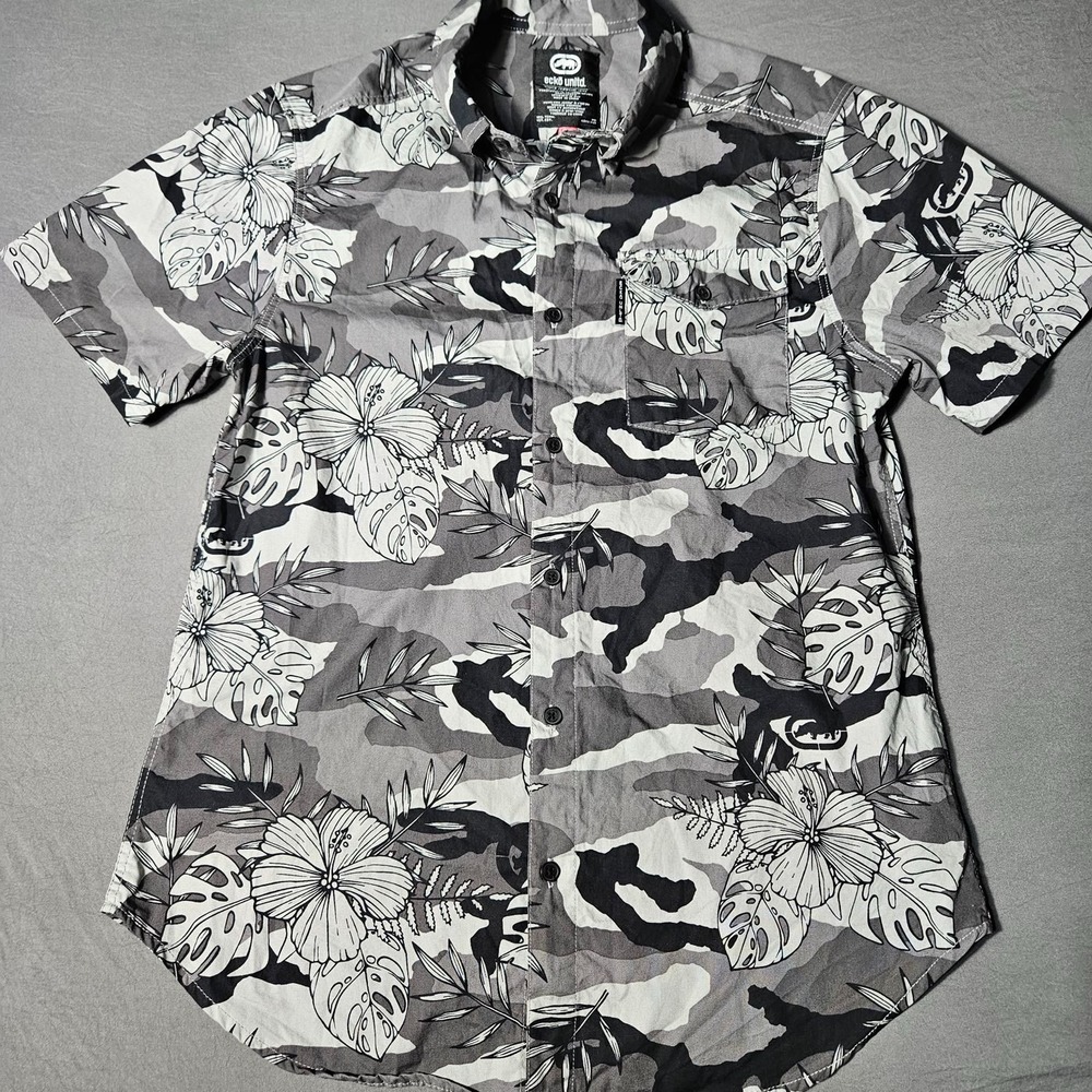 Ecko Unltd Short Sleeve Button Up Shirt Mens Small Grey Floral Camo Hawaiian